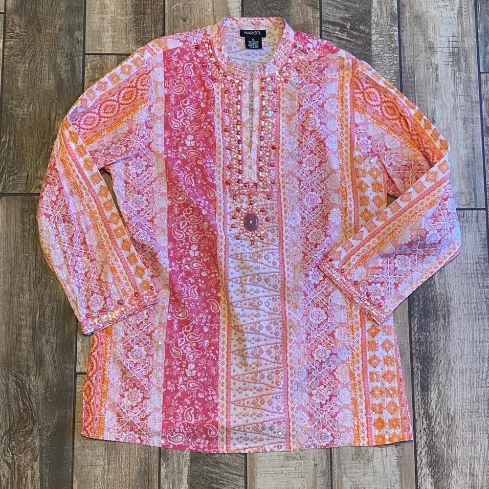 Marisol Pink and Orange beaded Embroidered Tunic top